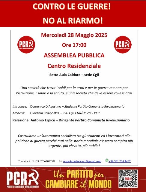 Assemblea Pubblica all'Unical "Contro le guerre! No al riarmo!" organizzata dal Partito Comunista Rivoluzionario