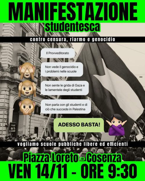 Manifestazione studentesca contro censura, riarmo e genocidio