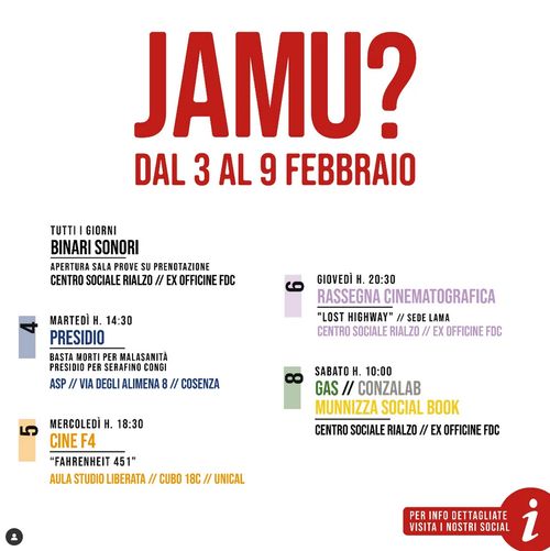 JAMU - Calendario settimanale